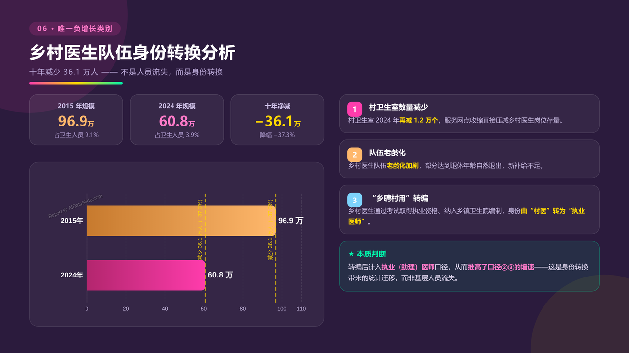 全国近10年医务行业从业人员与医院数量对比分析（2015-2024）分析报告 - 乡村医生身份转换分析